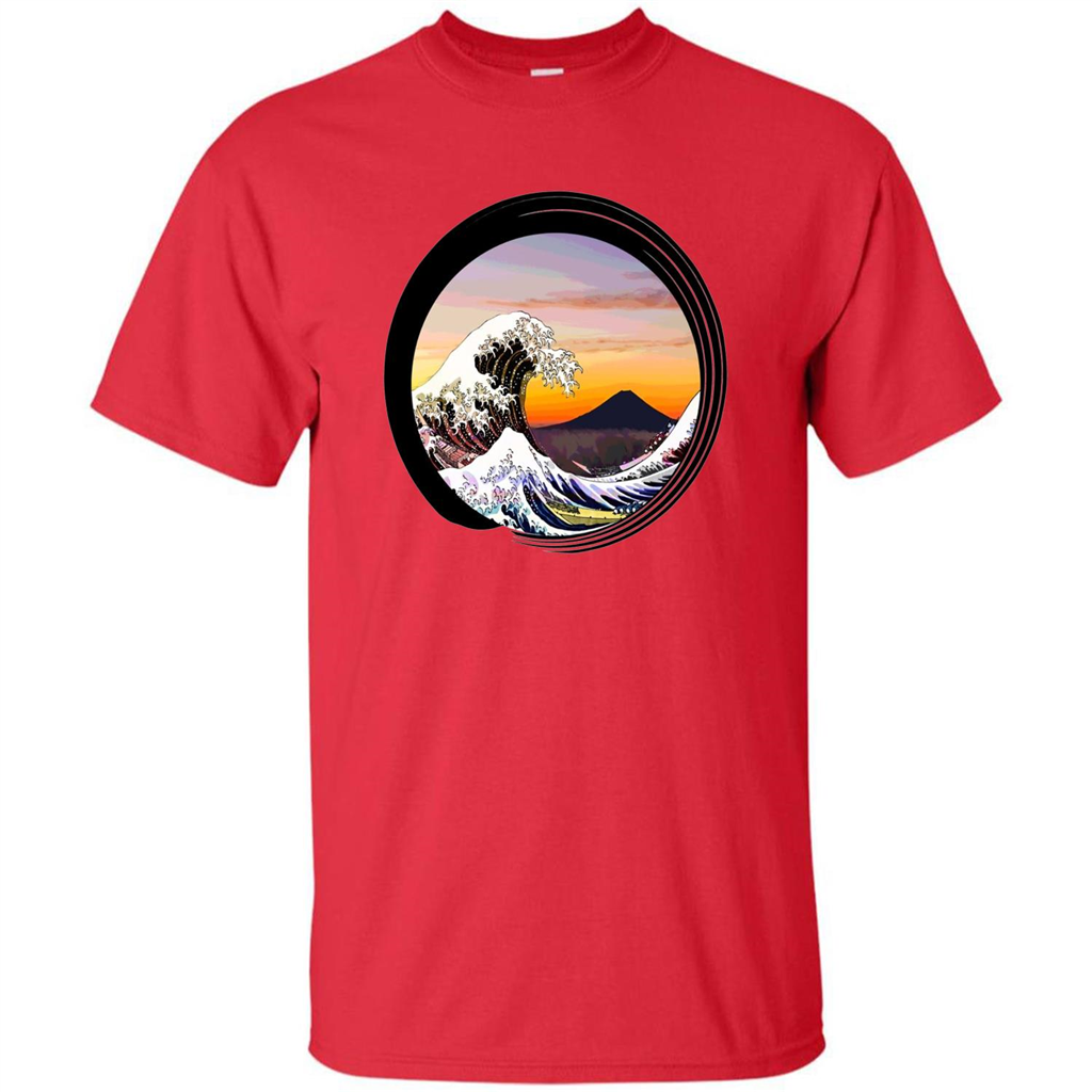 Classic Japanese Zen Art T-shirt, Kanagawa Great Wave Enso Red