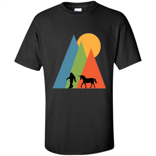 Bigfoot Unicorn Mountain and Sun T-Shirt Black