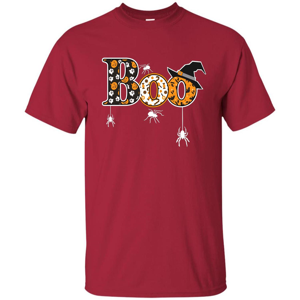 Boo Halloween T-Shirt With Spiders And Witch Hat Cardinal