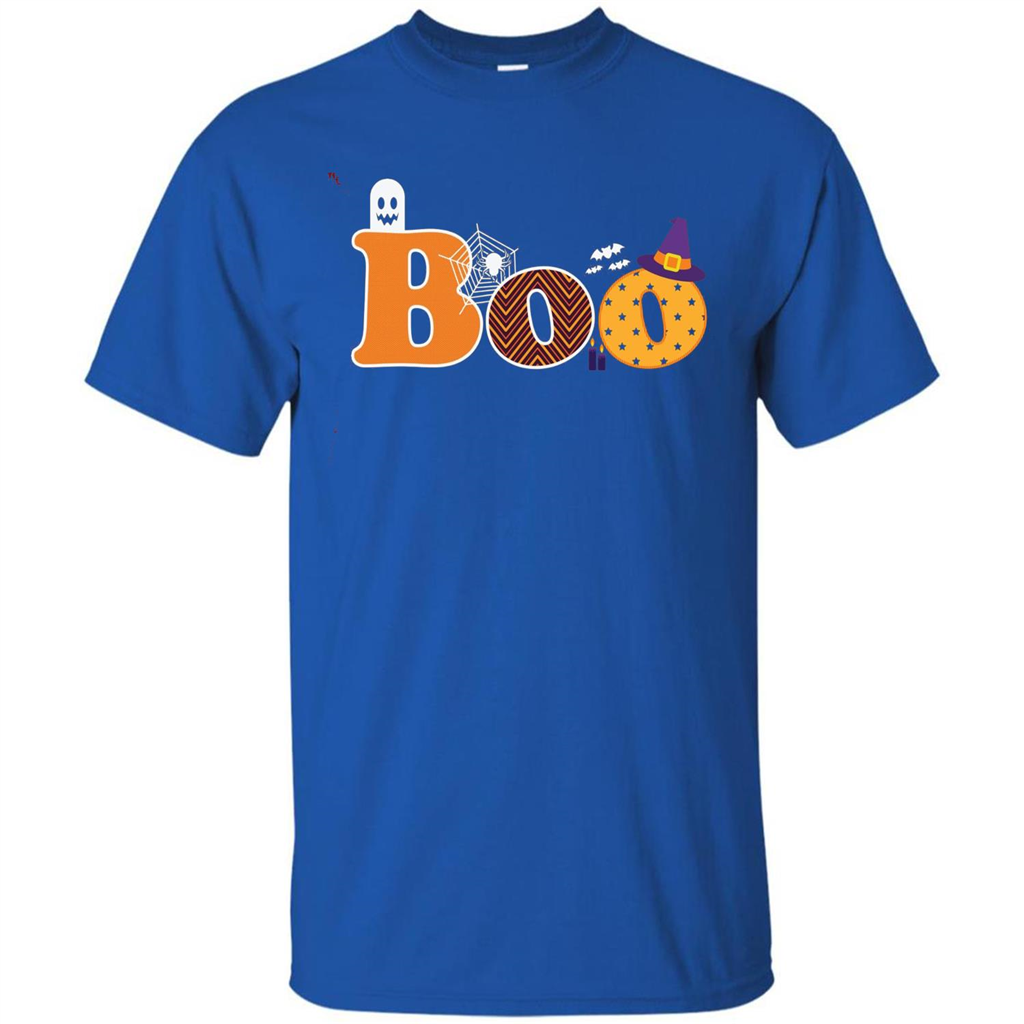 Boo Halloween T-Shirt With Ghost, Spider, Bat and Witch Hat Royal