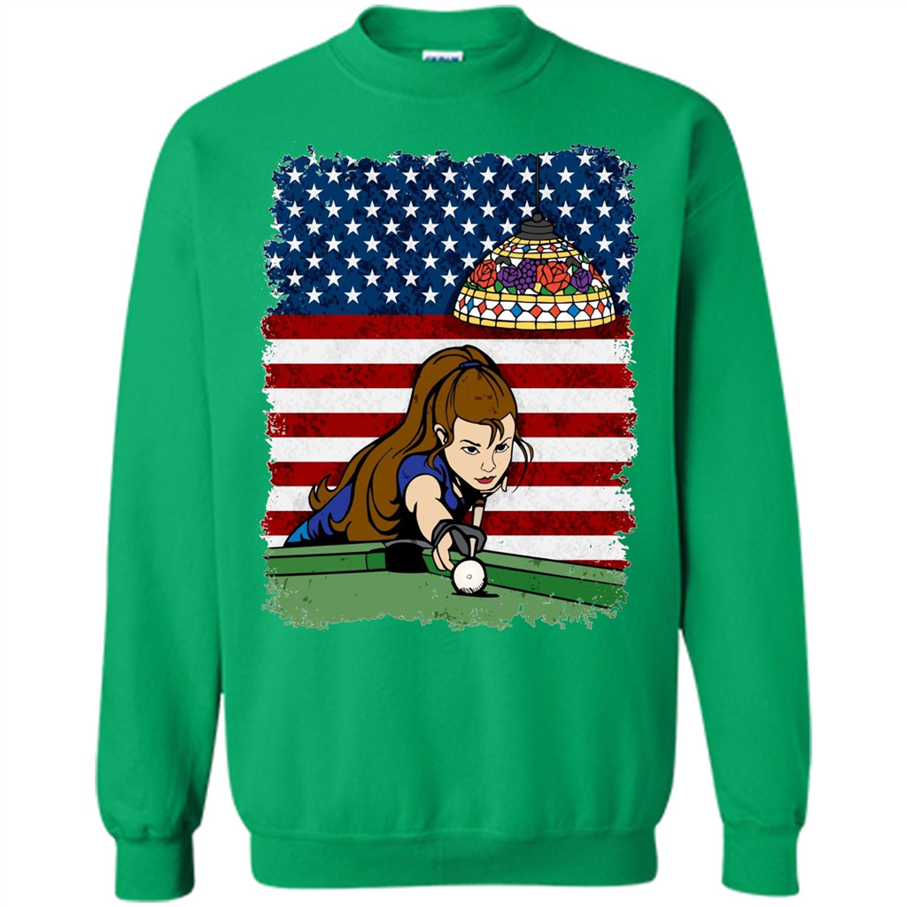 Female Pool Player on American Flag Patriotic T-shirt Irish Green