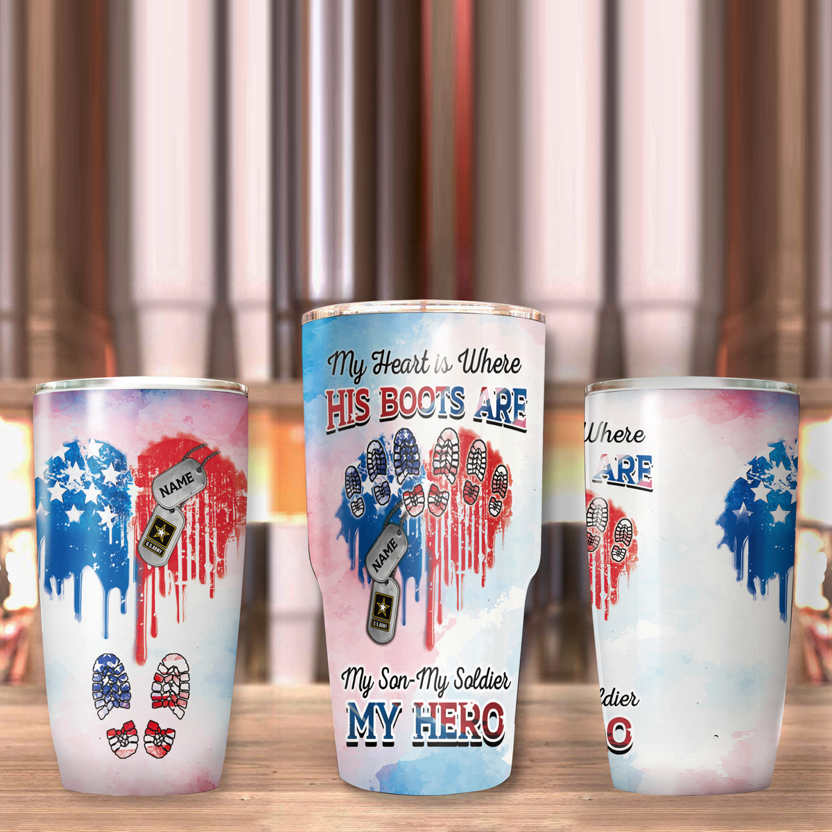 Personalized My Heart Is Where His Boots Are My Son My Soldier My Hero Heart American Flag Family Member Tumbler