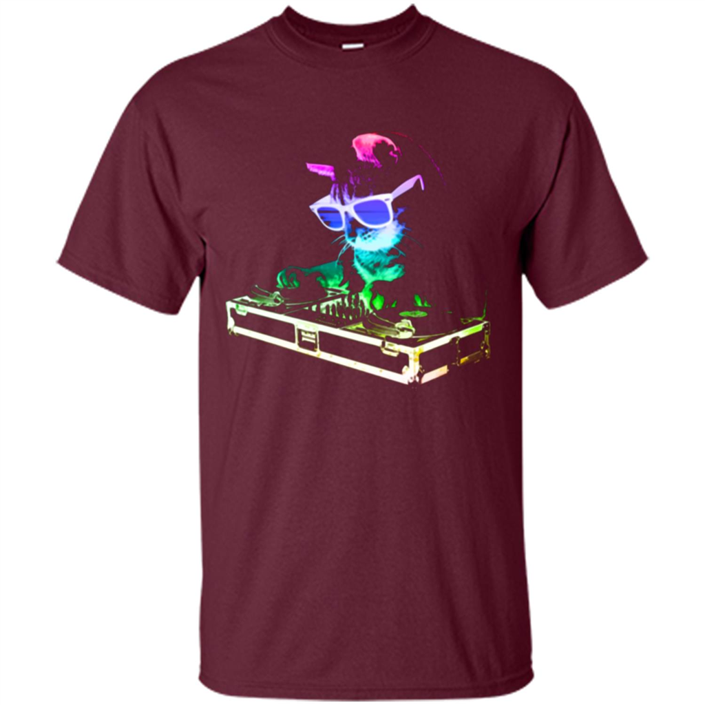 Cat Lover T-shirt House Cat Rainbow DJ Kitty Maroon