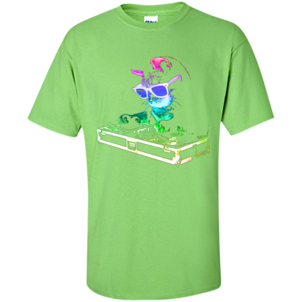 Cat Lover T-shirt House Cat Rainbow DJ Kitty Lime