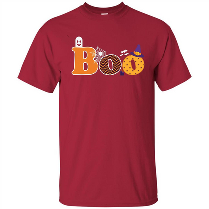 Boo Halloween T-Shirt With Ghost, Spider, Bat and Witch Hat Cardinal