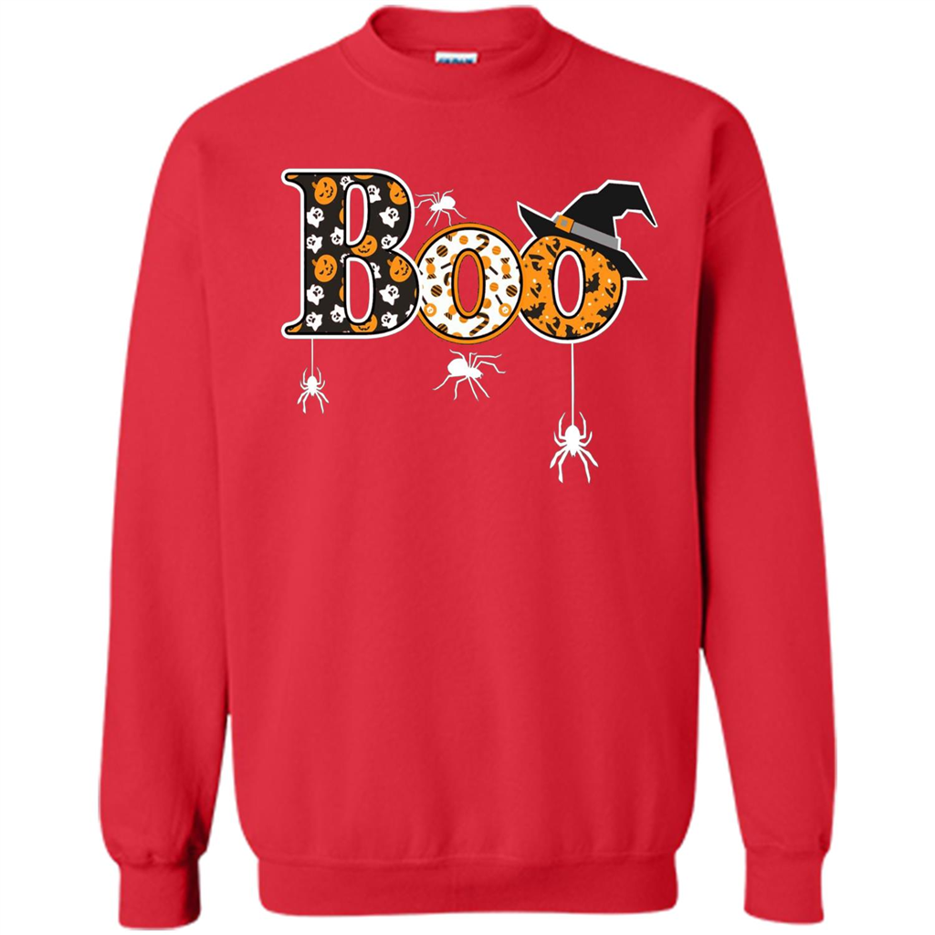 Boo Halloween T-Shirt With Spiders And Witch Hat Red