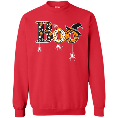Boo Halloween T-Shirt With Spiders And Witch Hat Red