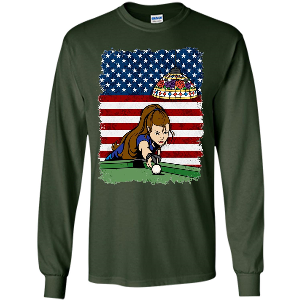 Female Pool Player on American Flag Patriotic T-shirt Forest Green