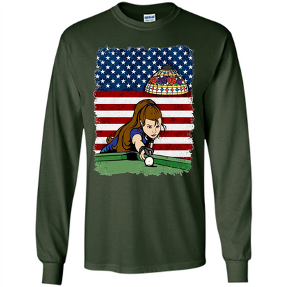 Female Pool Player on American Flag Patriotic T-shirt Forest Green