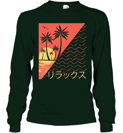 Japan Poster Like Sunset Wave Cool Vibe Shirt Long Sleeve T-Shirt Long Sleeve T-Shirt Forest Green