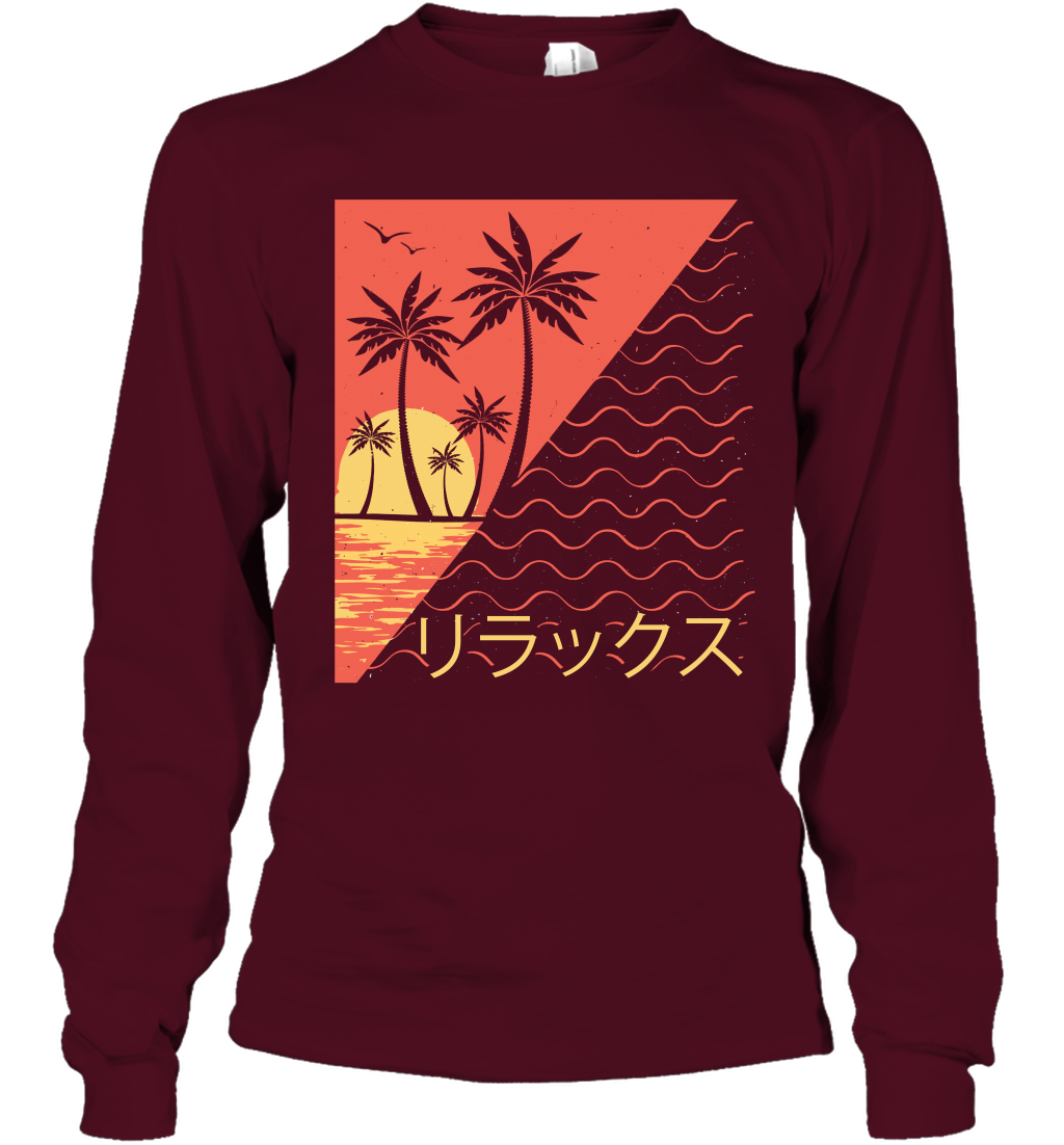 Japan Poster Like Sunset Wave Cool Vibe Shirt Long Sleeve T-Shirt Long Sleeve T-Shirt Maroon