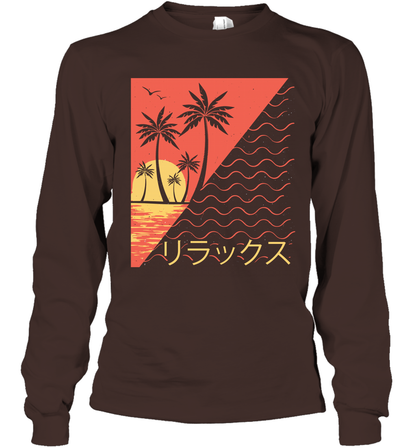 Japan Poster Like Sunset Wave Cool Vibe Shirt Long Sleeve T-Shirt Long Sleeve T-Shirt Dark Chocolate
