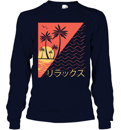 Japan Poster Like Sunset Wave Cool Vibe Shirt Long Sleeve T-Shirt Long Sleeve T-Shirt Navy