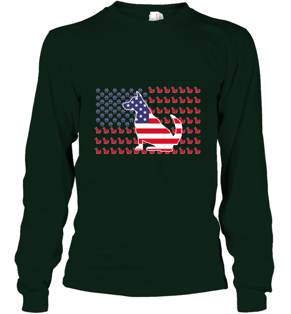 American Flag Dogs Lovers Shirt Long Sleeve T-Shirt Forest Green