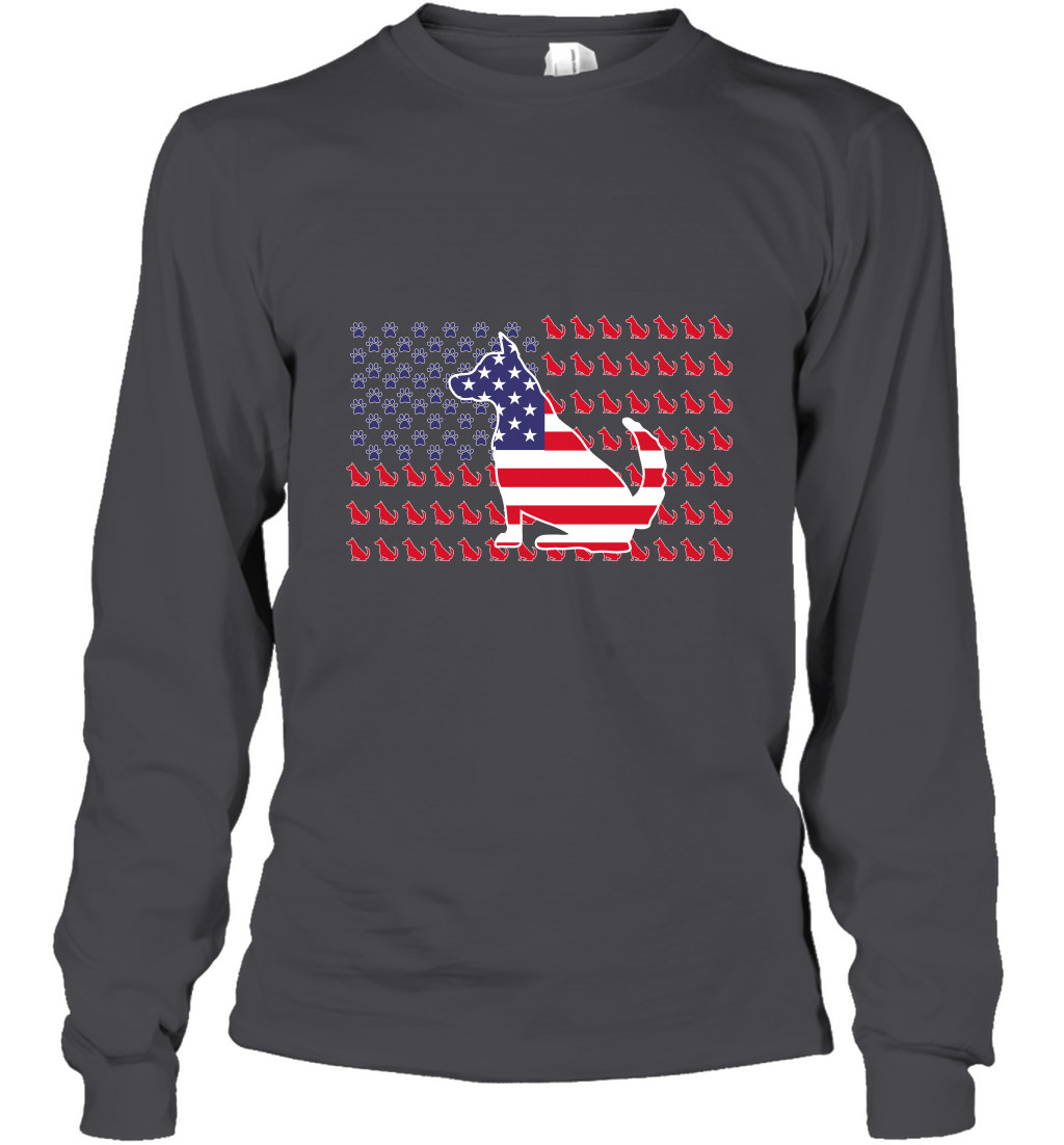 American Flag Dogs Lovers Shirt Long Sleeve T-Shirt Dark Heather