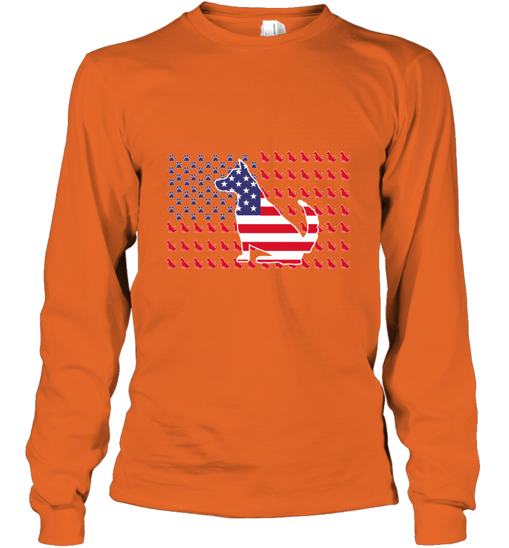 American Flag Dogs Lovers Shirt Long Sleeve T-Shirt Orange
