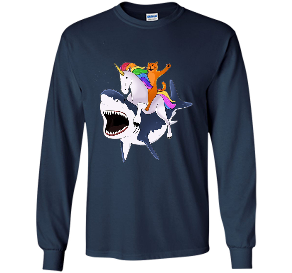 Cat Riding Unicorn Riding Shark T-shirt Navy