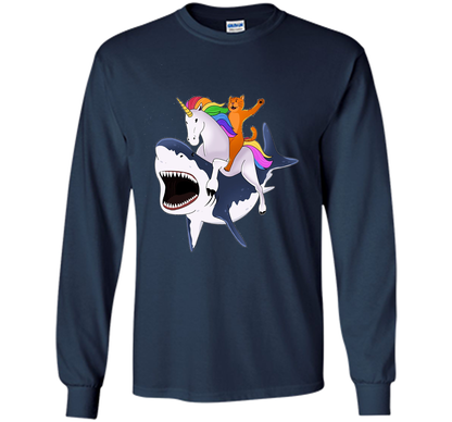Cat Riding Unicorn Riding Shark T-shirt Navy