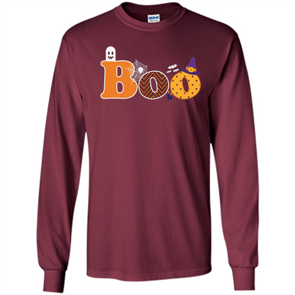 Boo Halloween T-Shirt With Ghost, Spider, Bat and Witch Hat Maroon