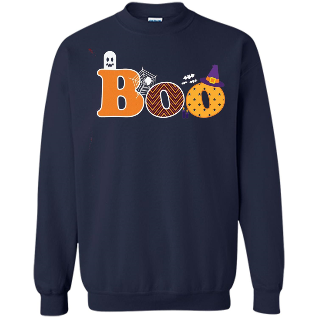 Boo Halloween T-Shirt With Ghost, Spider, Bat and Witch Hat Navy