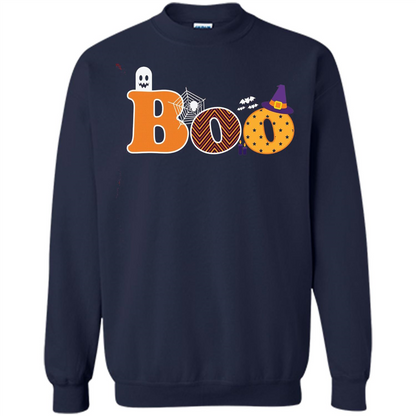 Boo Halloween T-Shirt With Ghost, Spider, Bat and Witch Hat Navy