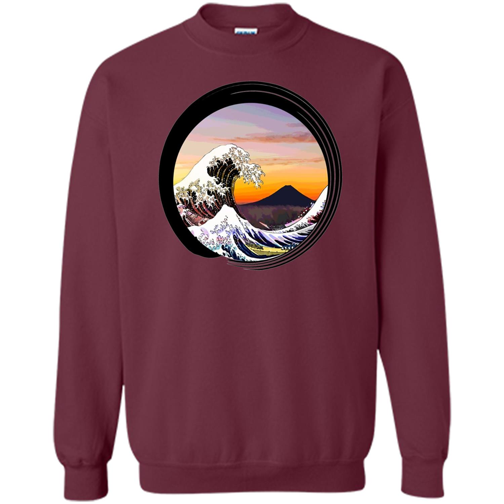 Classic Japanese Zen Art T-shirt, Kanagawa Great Wave Enso Maroon