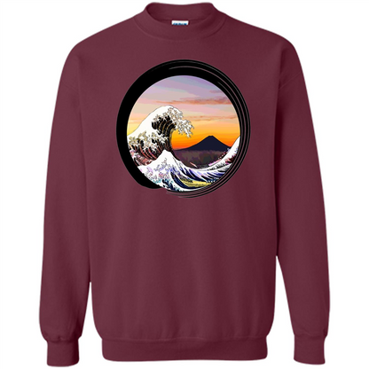 Classic Japanese Zen Art T-shirt, Kanagawa Great Wave Enso Maroon