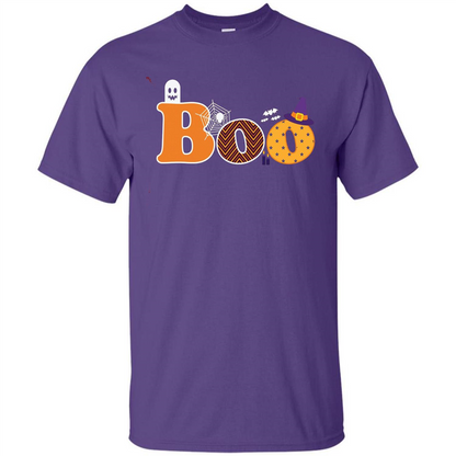 Boo Halloween T-Shirt With Ghost, Spider, Bat and Witch Hat Purple