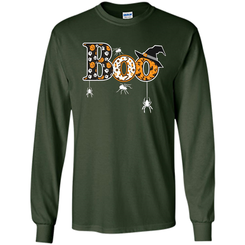 Boo Halloween T-Shirt With Spiders And Witch Hat Forest Green