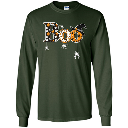 Boo Halloween T-Shirt With Spiders And Witch Hat Forest Green
