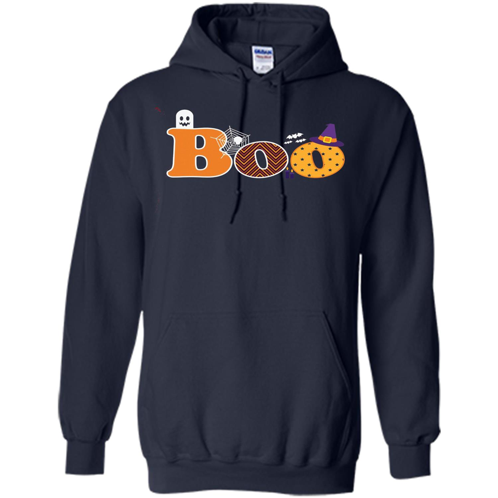 Boo Halloween T-Shirt With Ghost, Spider, Bat and Witch Hat Navy