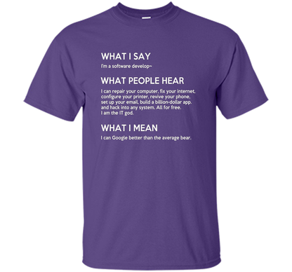 Programmer T-shirt What I Say What People Hear What I Say Purple