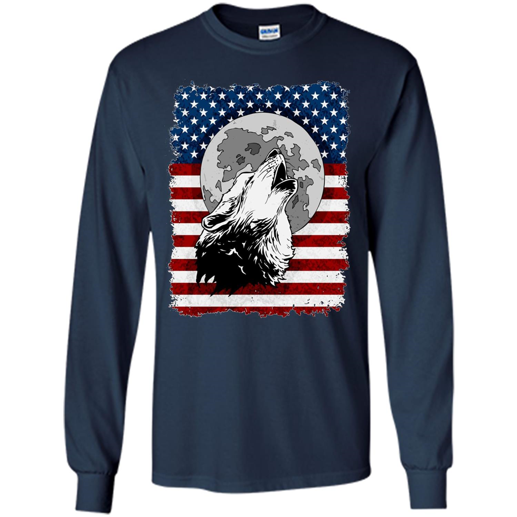 Howling Wolf On American Flag Patriotic T-shirt Navy
