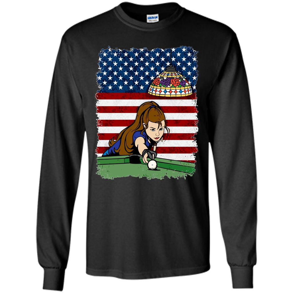 Female Pool Player on American Flag Patriotic T-shirt Black