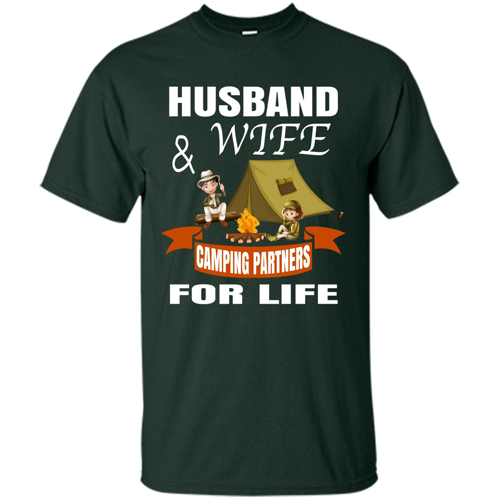 Camping Family T-shirt Husband And Wife Camping Partners For LIfe Forest Green