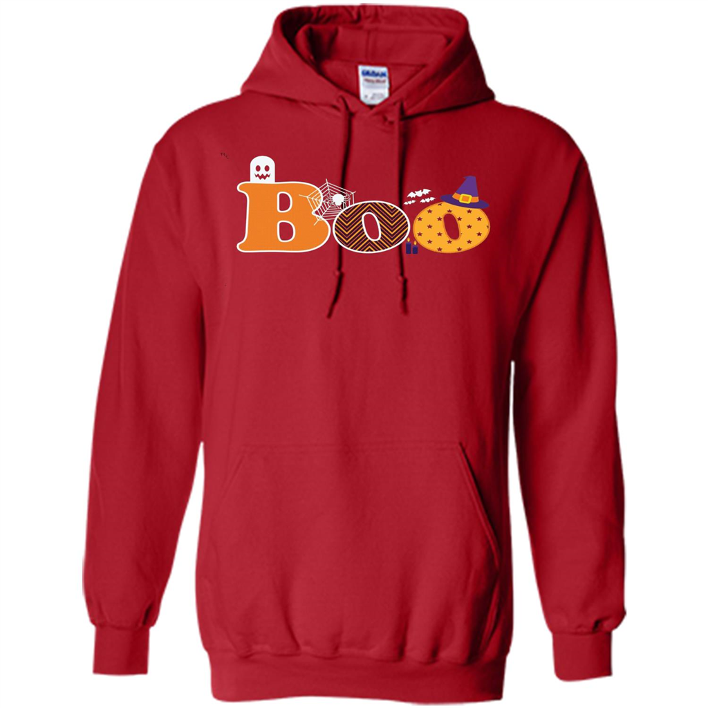 Boo Halloween T-Shirt With Ghost, Spider, Bat and Witch Hat Red