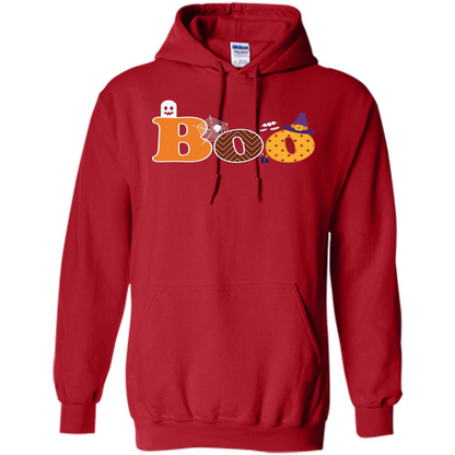 Boo Halloween T-Shirt With Ghost, Spider, Bat and Witch Hat Red