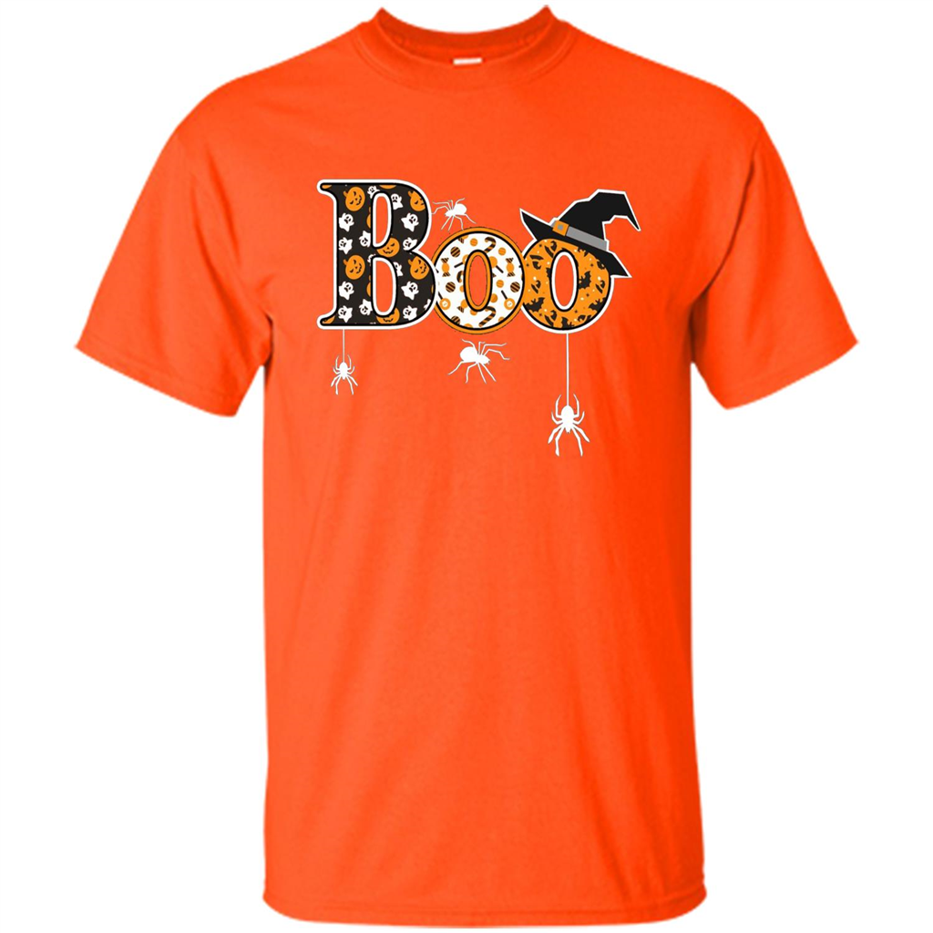 Boo Halloween T-Shirt With Spiders And Witch Hat Orange