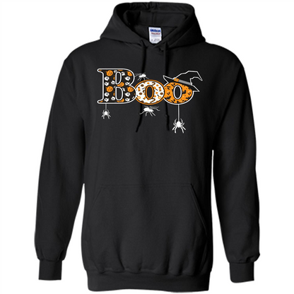 Boo Halloween T-Shirt With Spiders And Witch Hat Black