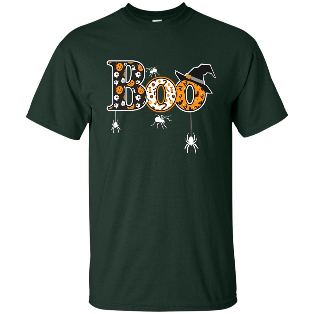 Boo Halloween T-Shirt With Spiders And Witch Hat Forest Green