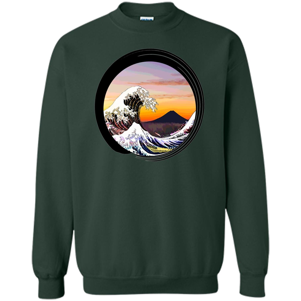 Classic Japanese Zen Art T-shirt, Kanagawa Great Wave Enso Forest Green