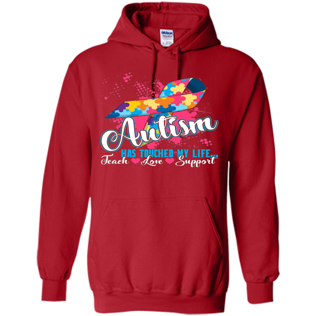 Autism Teacher T-shirts Autism Has Touched My Life Teach Love Support Red