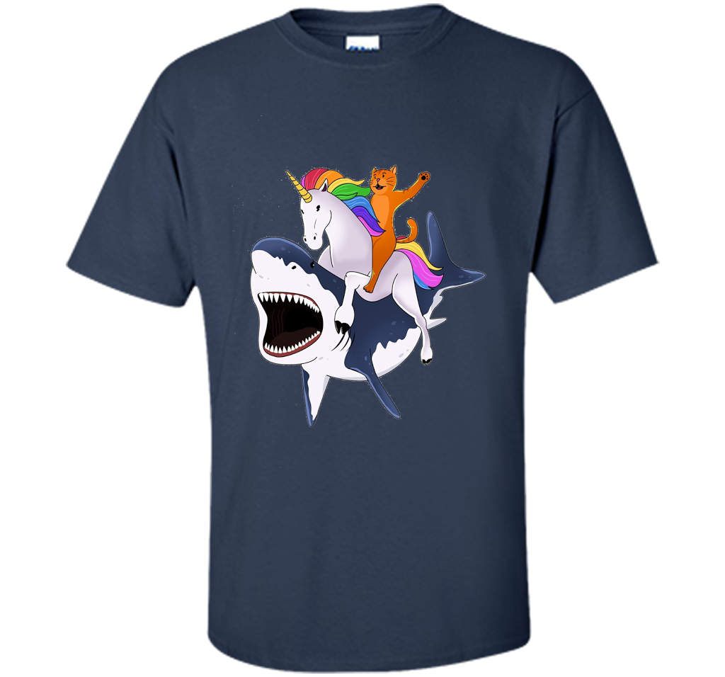 Cat Riding Unicorn Riding Shark T-shirt Navy