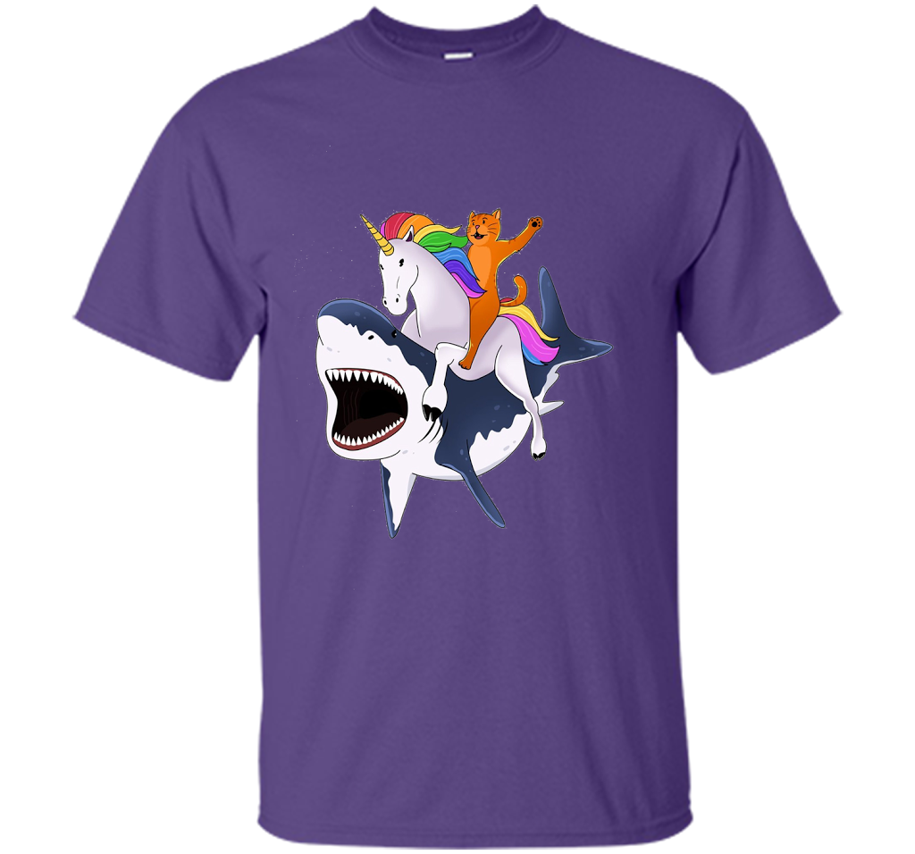 Cat Riding Unicorn Riding Shark T-shirt Purple