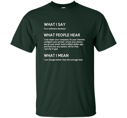 Programmer T-shirt What I Say What People Hear What I Say Forest Green