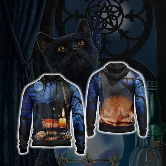 Witching Hour Black Cat Halloween Unisex Zip Up Hoodie 4XL