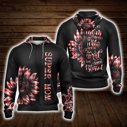 Super Mom Super Wife Super Tired But Super Blessed Unisex Zip Up Hoodie 4XL