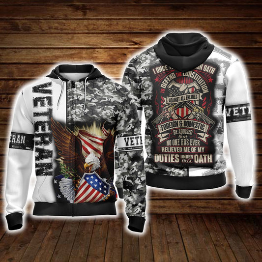 Veteran - I Once Took A Solemn Oath To Defend The Constitution Against All Enemies Foreign And Domestic Unisex Zip Up Hoodie 4XL