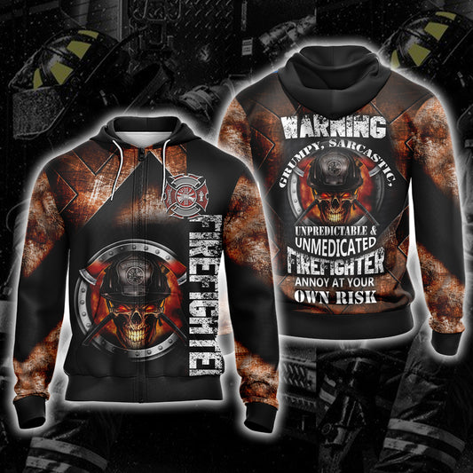Unpredictable And Unmedicated Firefighter Annoy At Your Own Rish Unisex Zip Up Hoodie 4XL