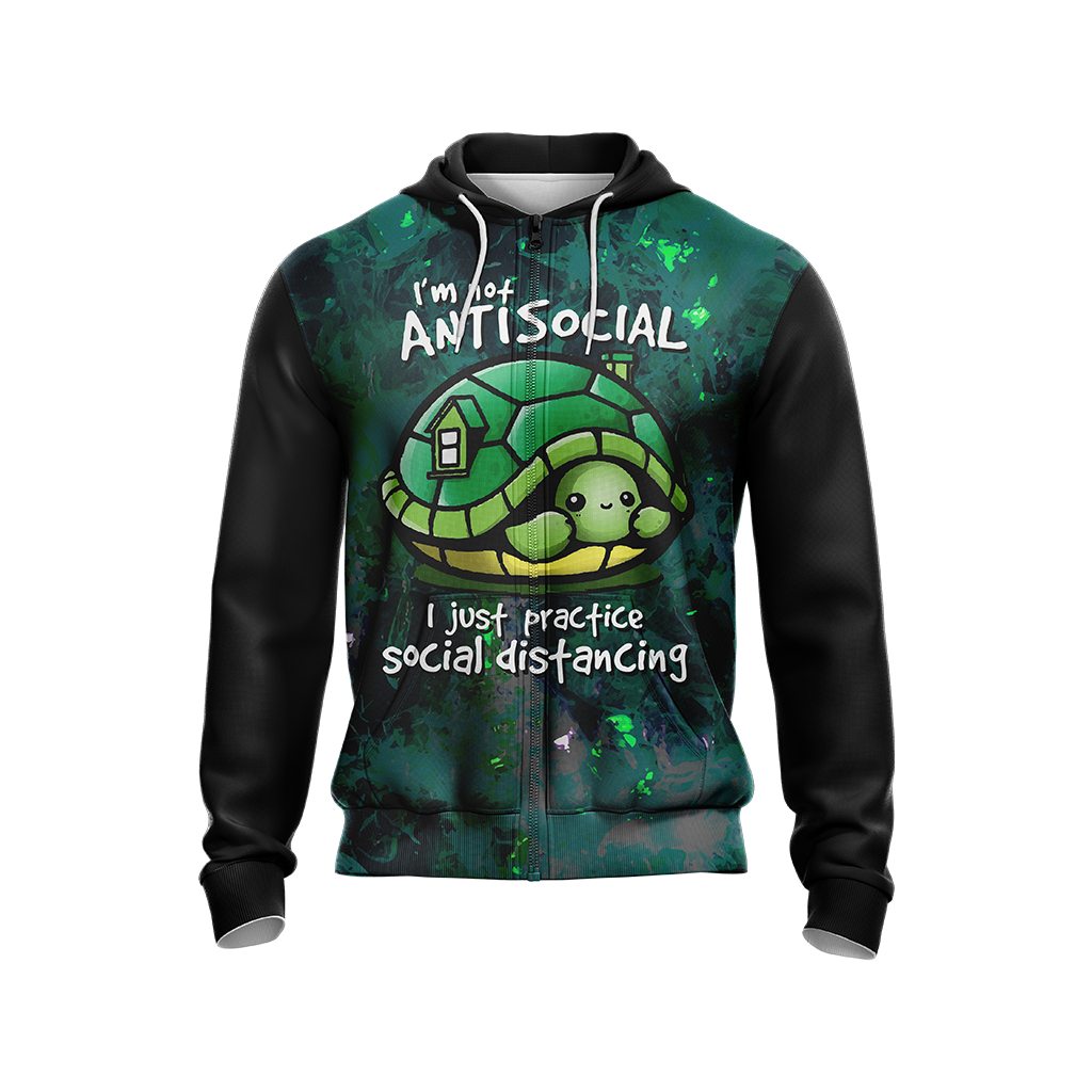 I Just Practice Social Distancing Funny Turtle Unisex Zip Up Hoodie